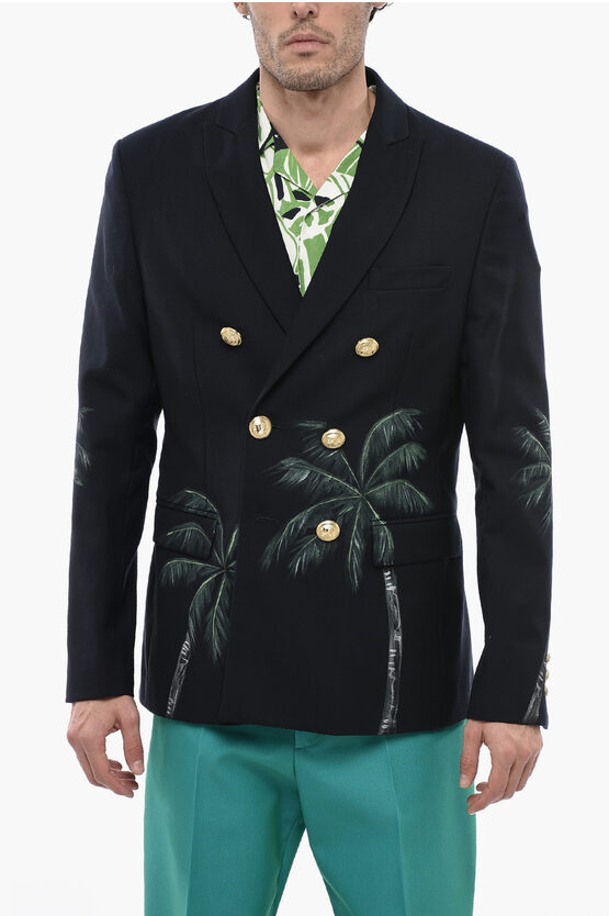 Shop Palm Angels Double Breasted Blazer With Palm Print