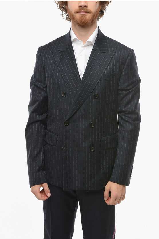 Amiri Double-breasted Blazer With Peak Lapel And Logo Allover In Blue