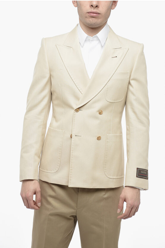 Shop Gucci Double-breasted Cotton Blazer With Peak Lapel