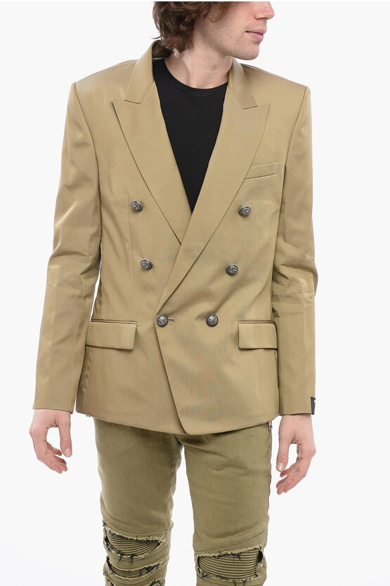 Balmain Double-breasted Cotton Blend Unlined Blazer With Logoed Butt In Neutral