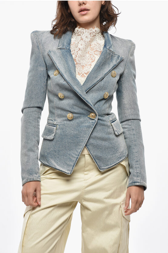 Balmain Double-breasted Denim Blazer With Logoed Buttons In Gray