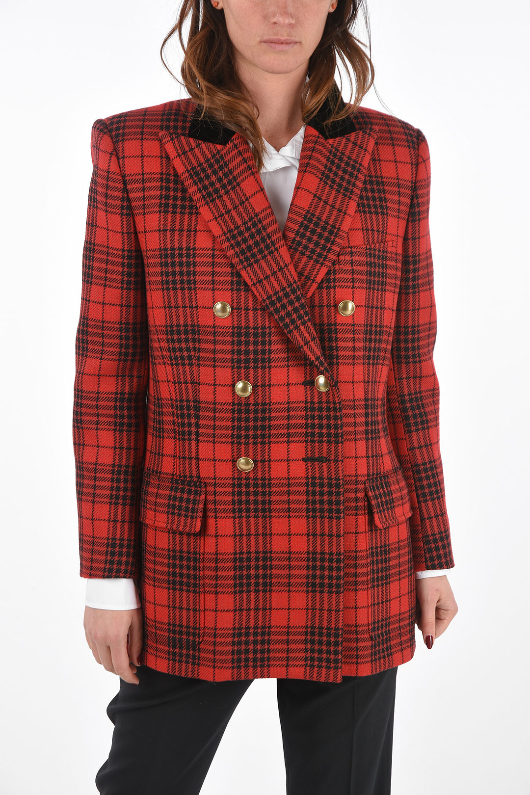 Saint Laurent Double-breasted District Check Blazer with Velvet