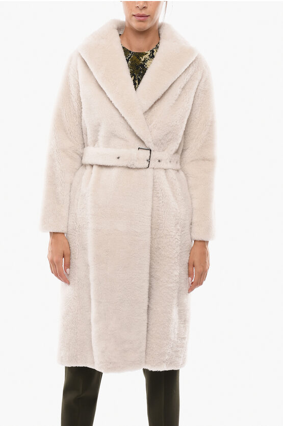 Brunello Cucinelli Double-breasted Fur Coat With Belt And Hidden Buttons In White