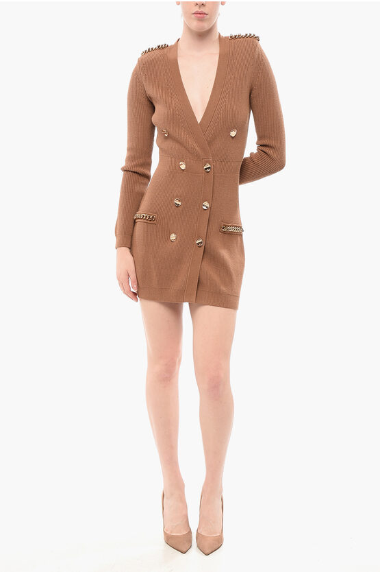 Elisabetta Franchi Double-breasted Knitted Dress With Padded Shoulders In Brown