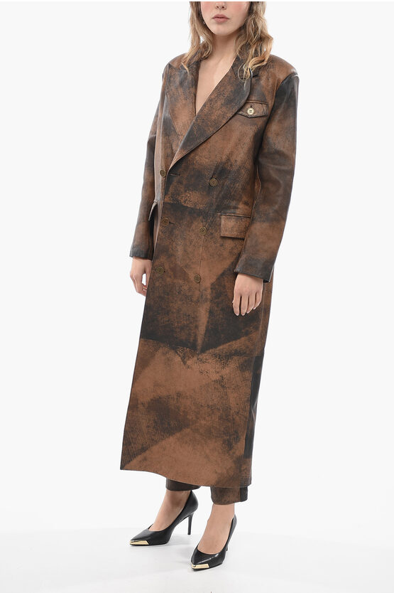 Shop Baia Double-breasted Leather Coat With Peak Lapel