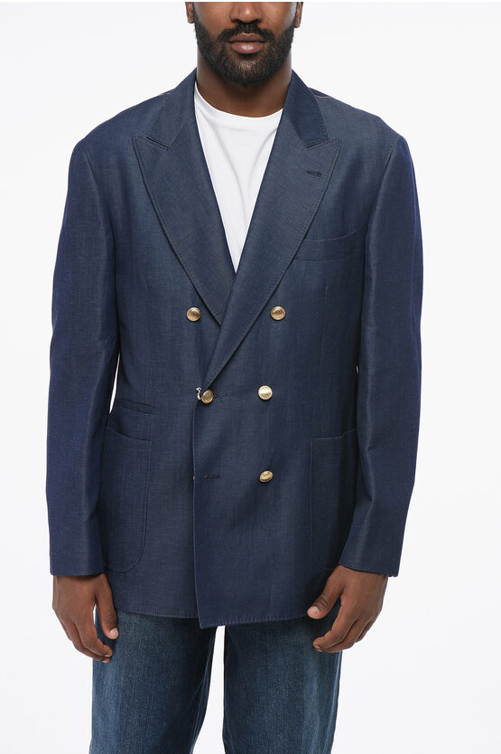 Brunello Cucinelli Double-breasted Linen Blend Blazer With Peak Lapel