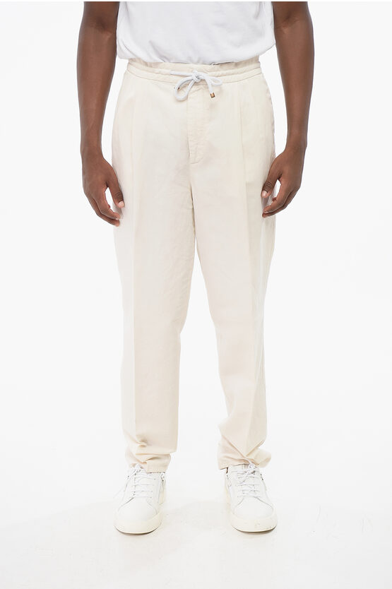 Brunello Cucinelli Double-breasted Linen Blend Pants With Elastic Waistband In Neutral