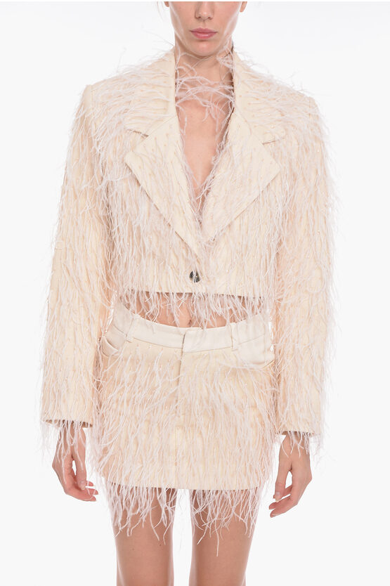 The Mannei Double-breasted Monica Cropped Blazer With Feather-embellish In Neutral