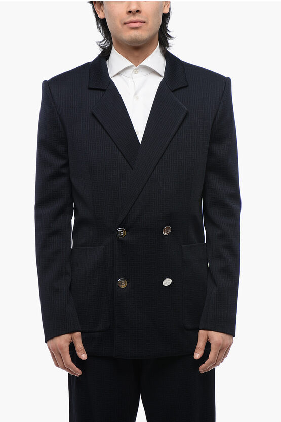 Shop Balmain Double-breasted Monogram Fabric Blazer With Logoed Buttons