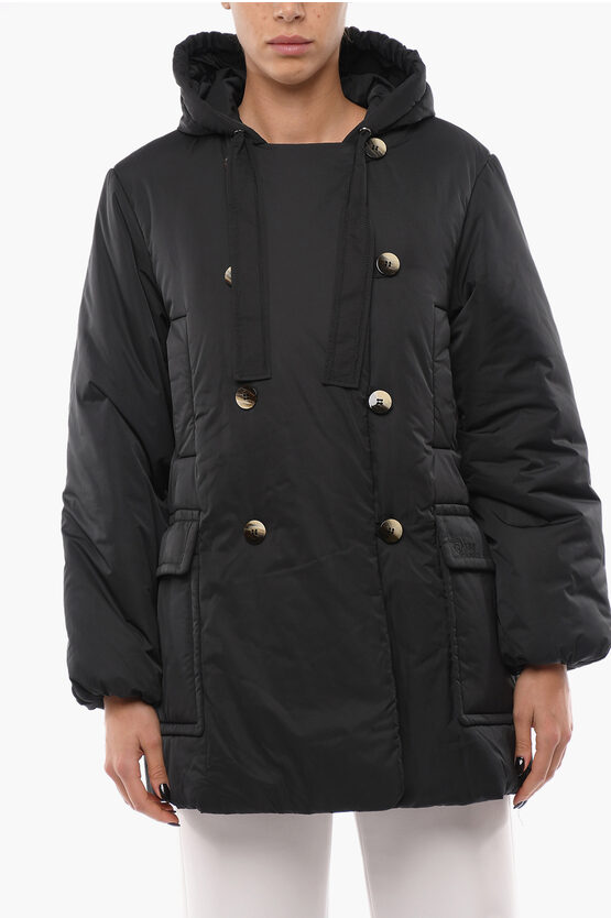 Ganni Double-breasted Padded Jacket With Hood In Black