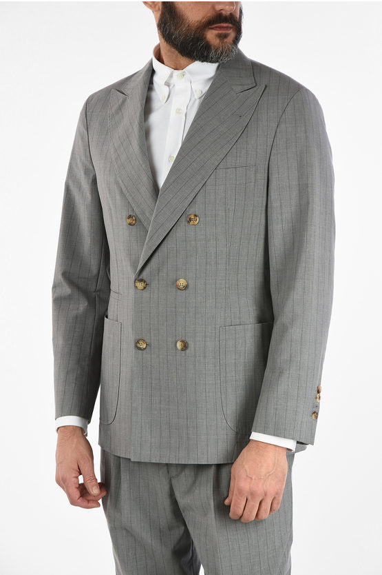 Brunello Cucinelli Double-Breasted Pencil Striped Suit with Brunello Cucinelli Double-Breasted Pencil Striped Suit with
