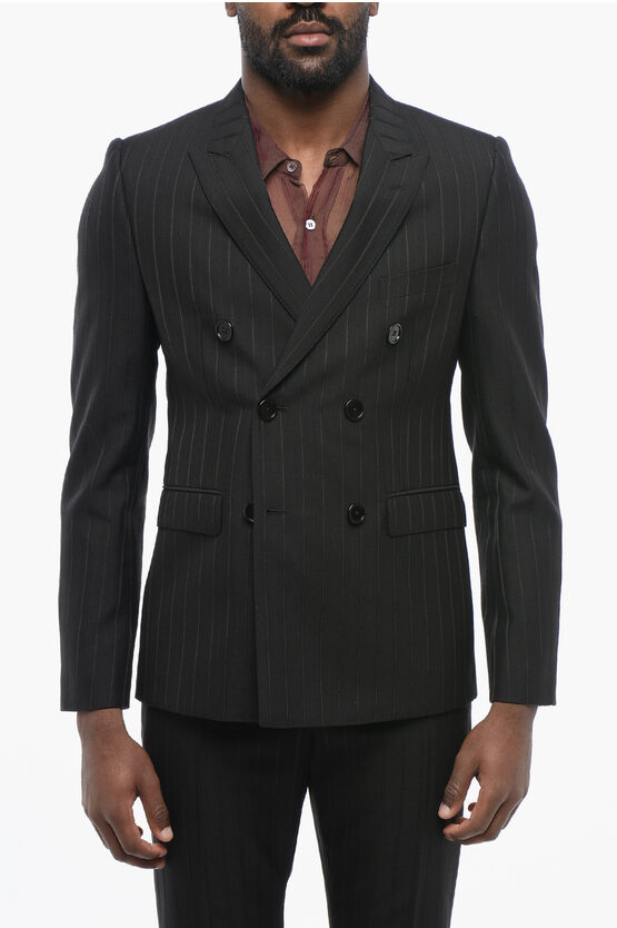 Celine Double-breasted Pinstriped Wool Blazer With Peak Lapel