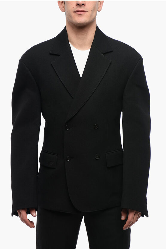 Off-white Double-breasted Round Wool Coat With Flap Pockets