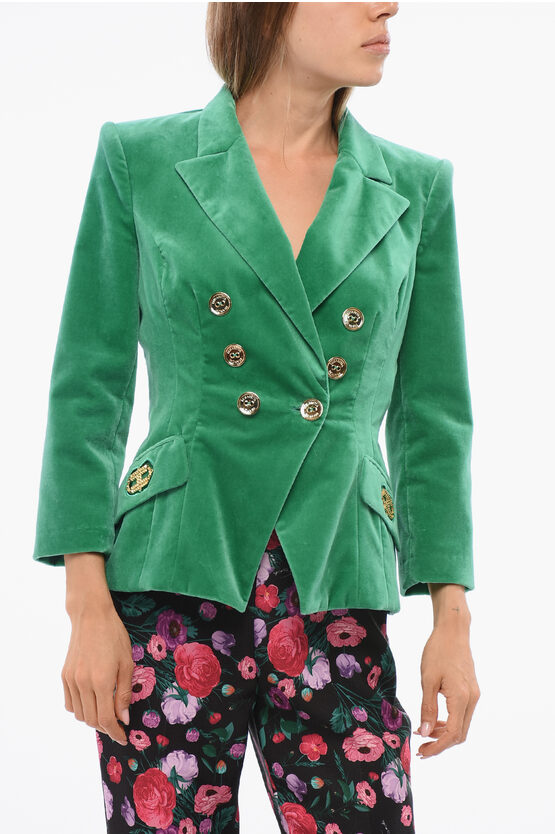 Elisabetta Franchi Double-breasted Slim Fit Velour Blazer In Green