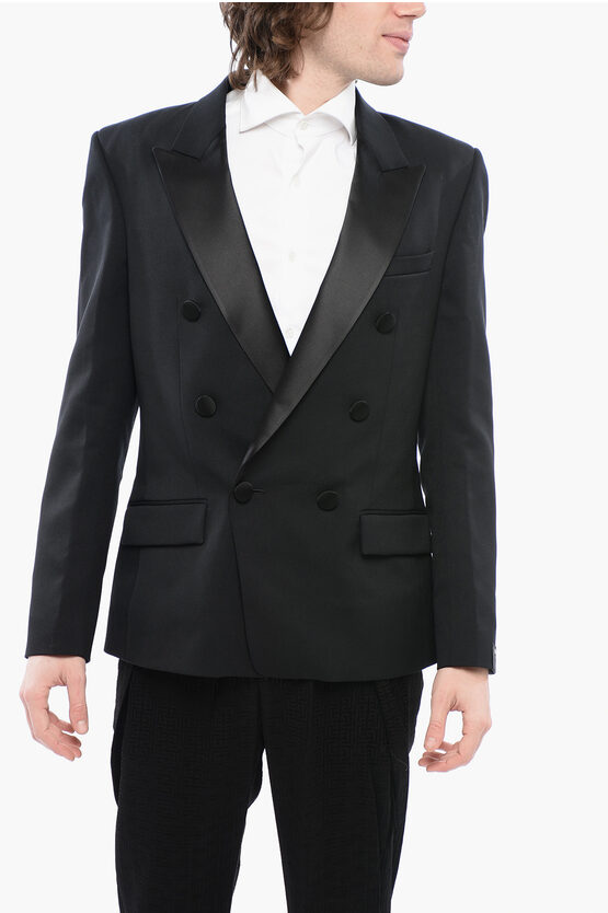 Balmain Double-breasted Stretch Wool Blazer With Satin Lapel In Black