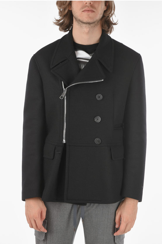 Neil Barrett Double-breasted Travel Zip-up Leather Insert Coat In Black