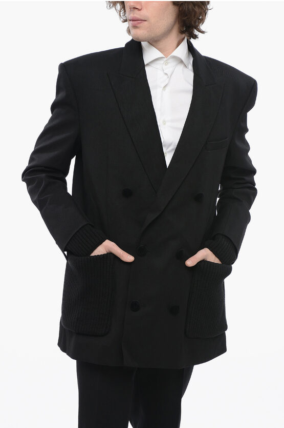 Balmain Double-breasted Twill Wool Blazer With Knitted Pockets And C In Black