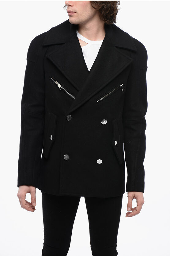 BALMAIN DOUBLE-BREASTED VIRGIN WOOL BLEND COAT WITH LOGOED BUTTONS