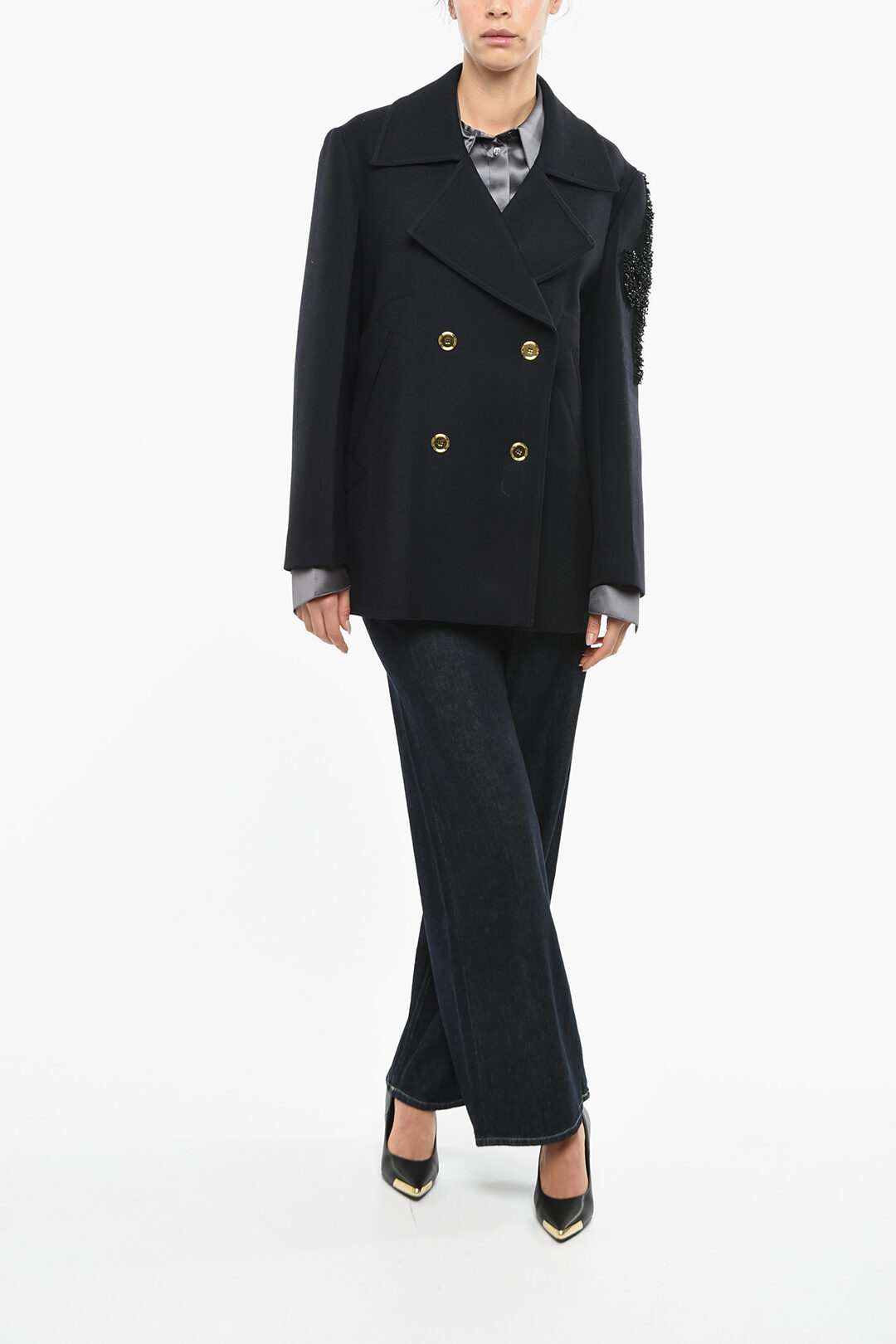 【PATOU】logo-embroidered double-breasted virgin wool コート Patou | Oversized wool peacoat with embroidered logo