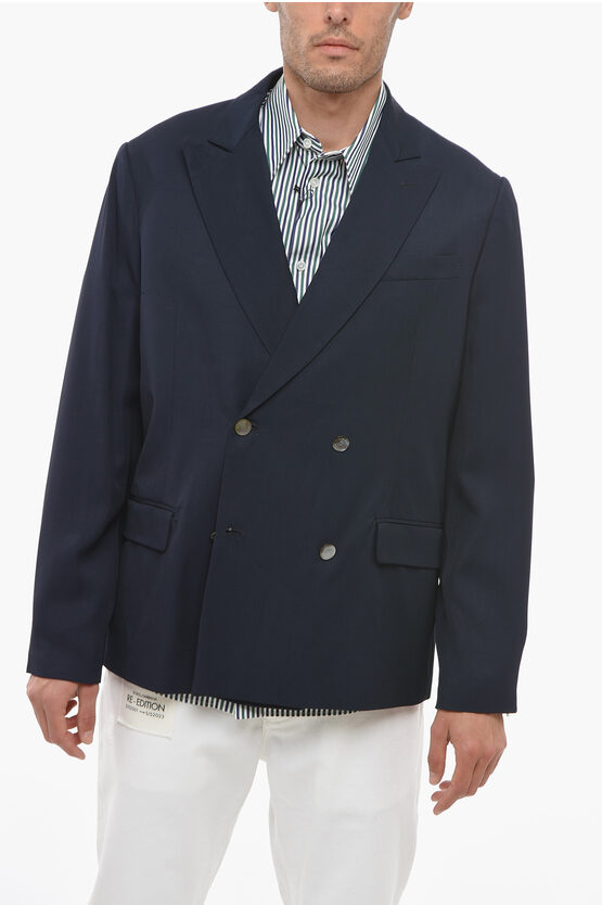 4sdesigns Double-breasted Viscose Blazer With Peak Lapel In Blue