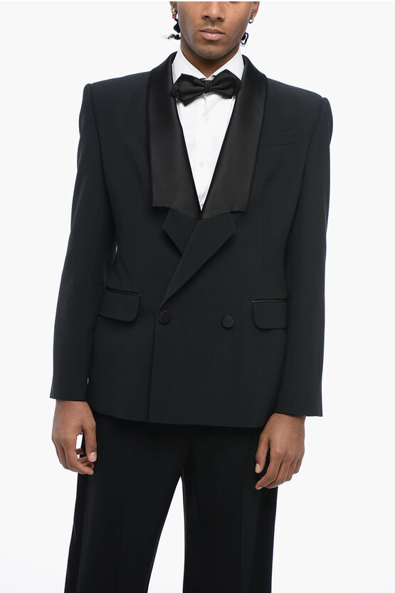 Alexander Mcqueen Double-breasted Wool Blazer With Satin Lapel In Black