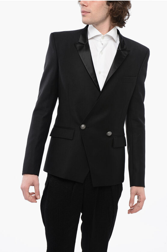 Balmain Double-breasted Wool Blazer With Satin Peak Lapel In Black