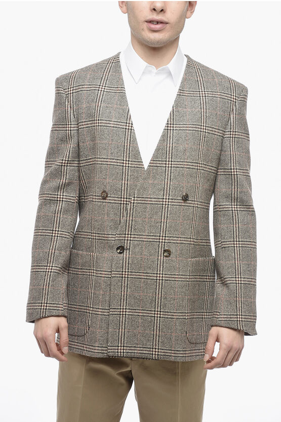 Shop Gucci Double-breasted Wool Blend Blazer With District Check Motif