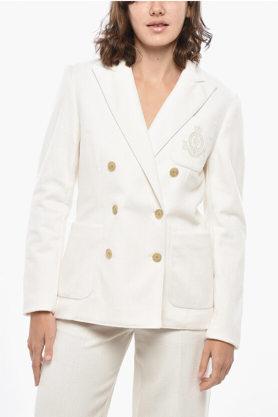 Ralph Lauren Double-breasted Wool Blend Blazer With Embroidered Breast-po In White