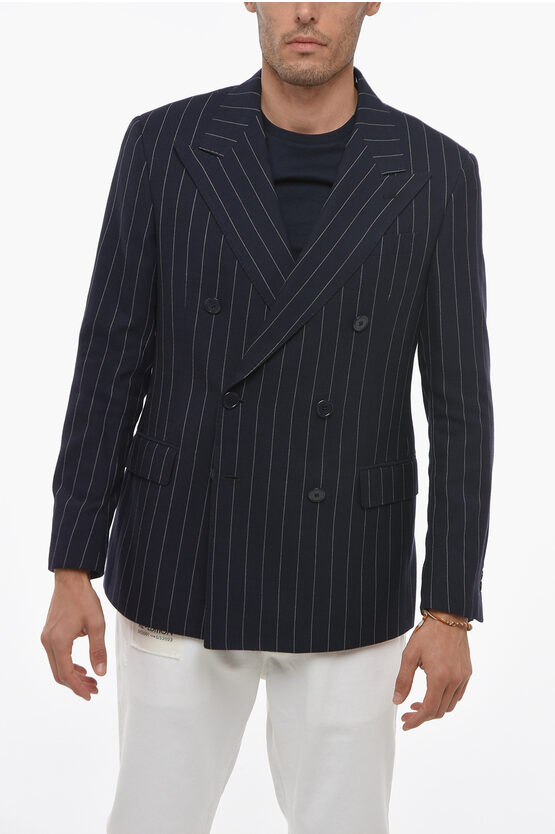 Polo Ralph Lauren Double-breasted Wool Blend Blazer With Pinstriped Motif In Multi