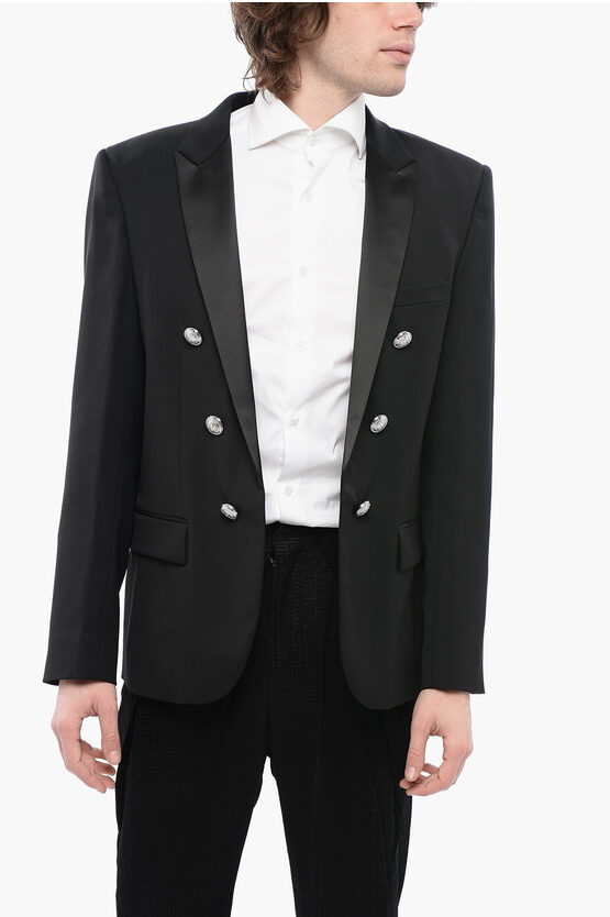 Balmain Double-breasted Wool Blend Blazer With Satin Lapel In Black