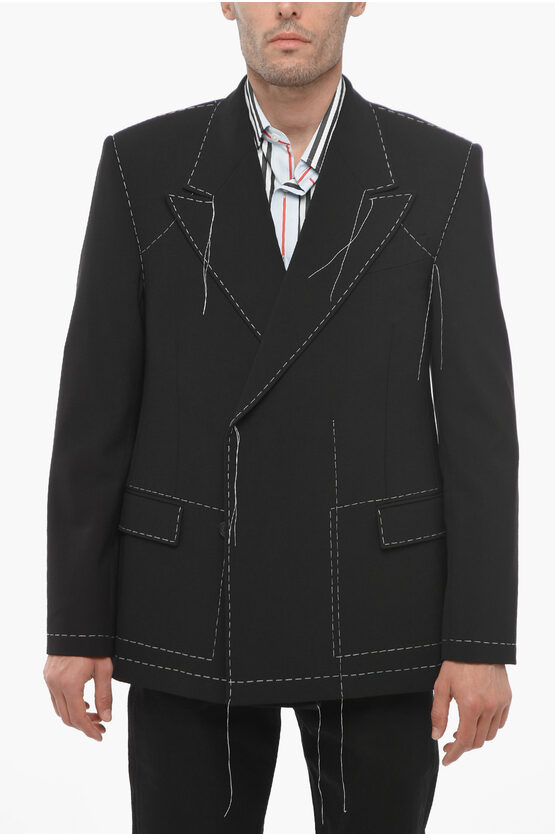 Shop Off-white Double-breasted Wool Blend Blazer With Visible Stitchings