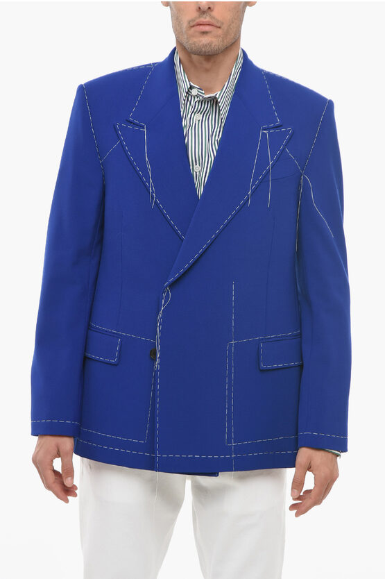 Off-white Double-breasted Wool Blend Blazer With Visible Stitchings In Blue