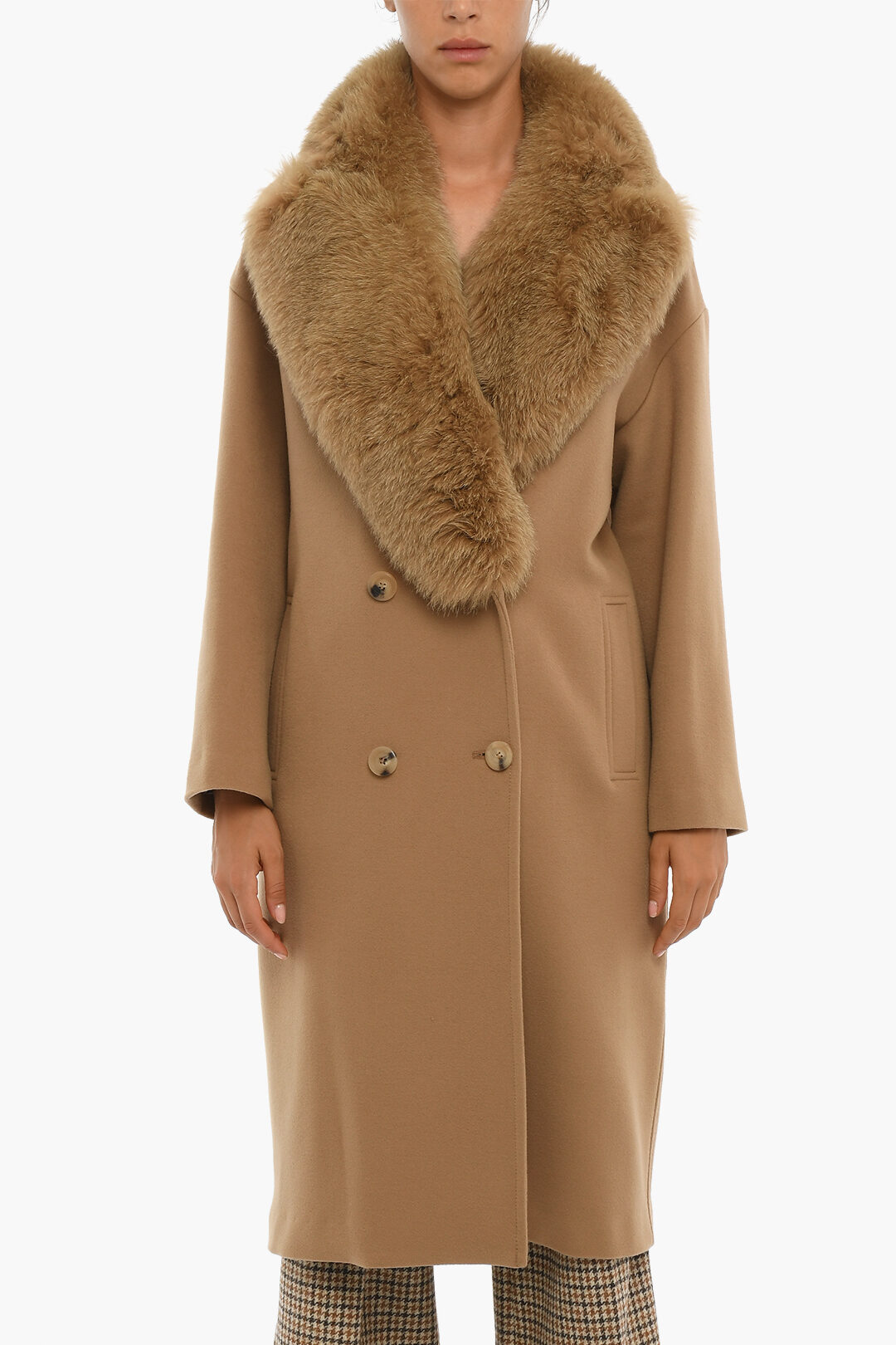 Double Breasted Wool Coat With Fur Collar