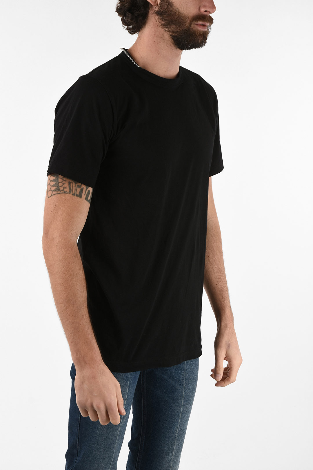 Double Layer Crewneck T-shirt with Zip Detail