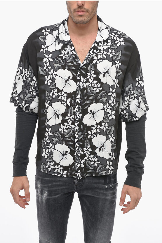 Dsquared2 Double-layered Bowling Shirt With Floral Pattern In Gray