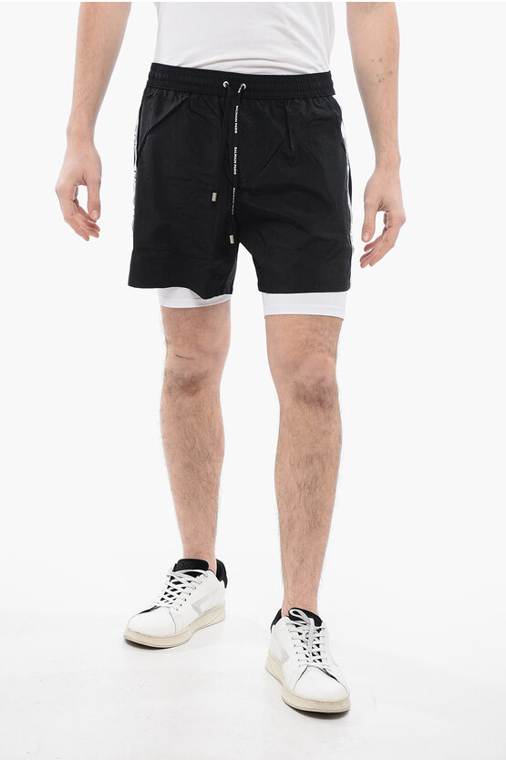 Balmain Double-layered Running Shorts With Side Logoed Bands In Black