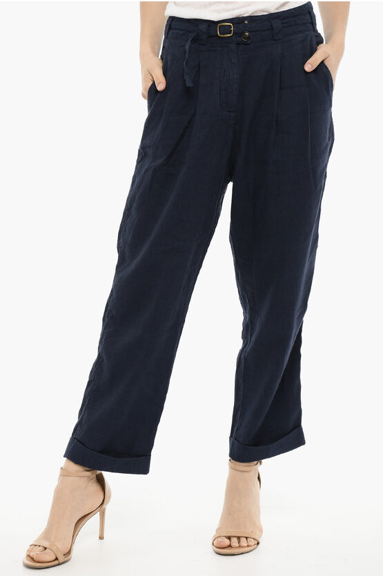 Woolrich Double Pleat Cotton And Linen Pants With Belt In Black