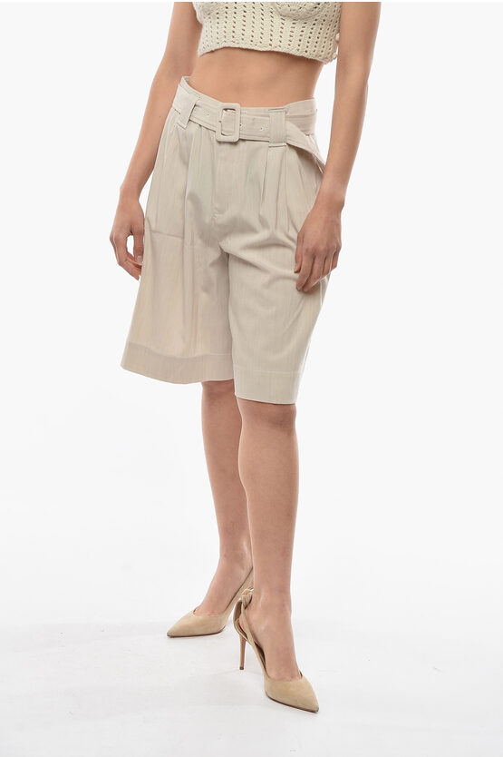 Ganni Double Pleat Shorts With Belt In White