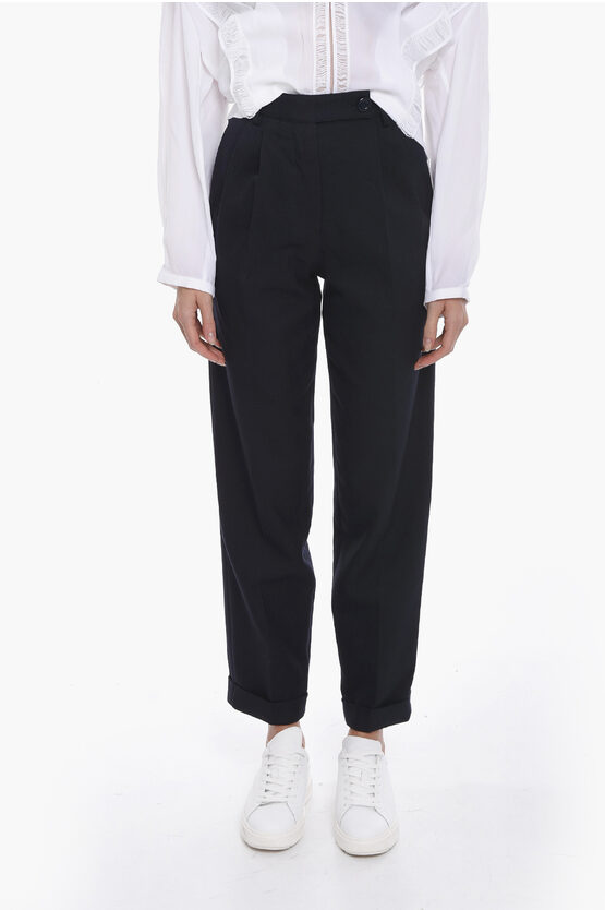 Chloé Double-pleated Cotton Blend Pants With Belt Loops In Blue