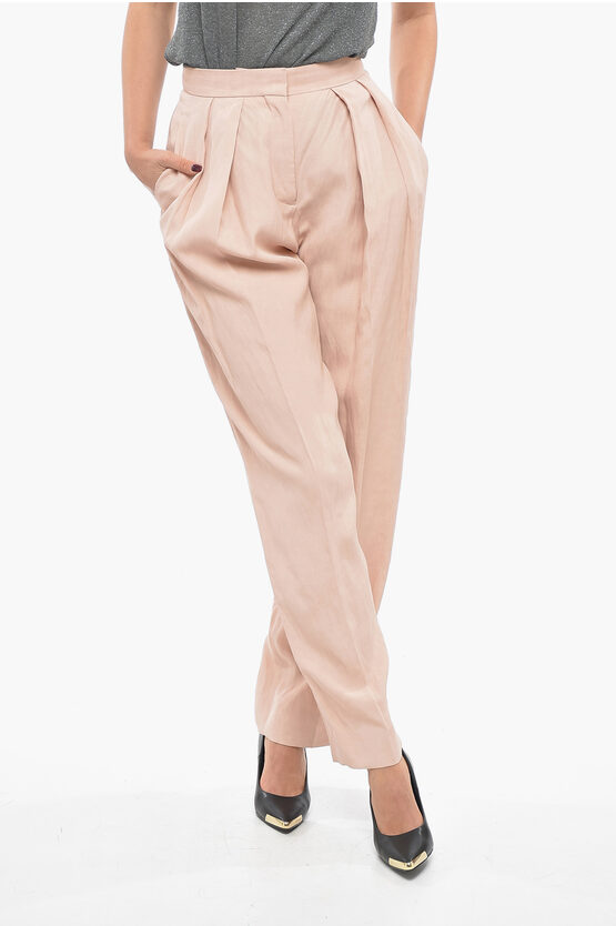 Stella Mccartney Double-pleated Flax Blend Baggy Trousers In Metallic