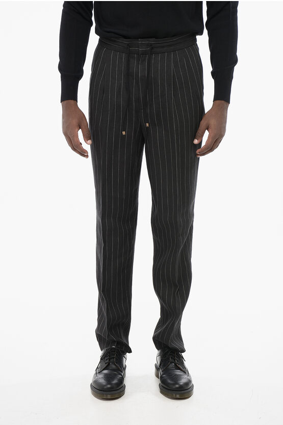 Brunello Cucinelli Double-pleated Pinstriped Linen Pants With Drawstring In Black
