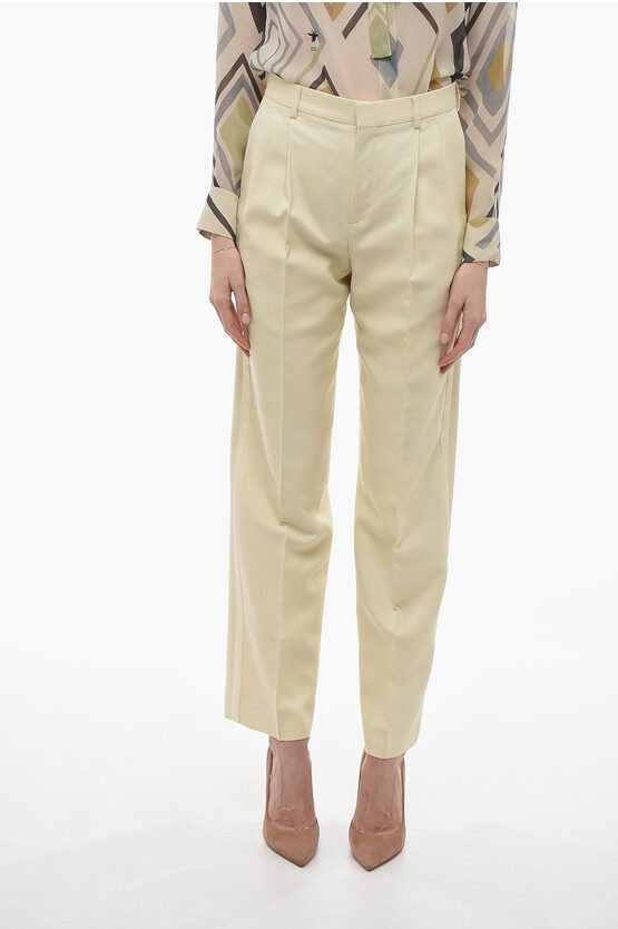 Celine Double-pleated Silk Chinos Trousers With Side Satin Bands In Neutral
