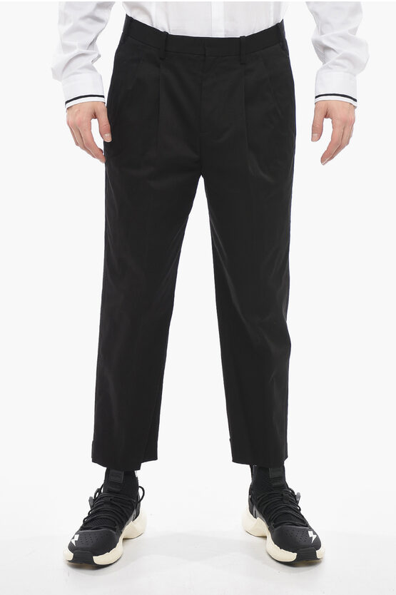 Neil Barrett Double-pleated Twill Cotton Pants With Belt Loops In Black