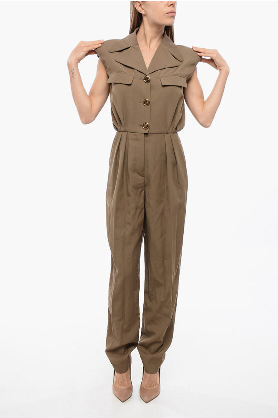 Balmain Double-pleated Wool Jumpsuit With Saharan Pockets In Brown