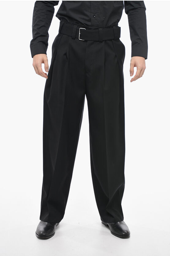 Jil Sander Double-pleated Wool Pants With Belt In Black