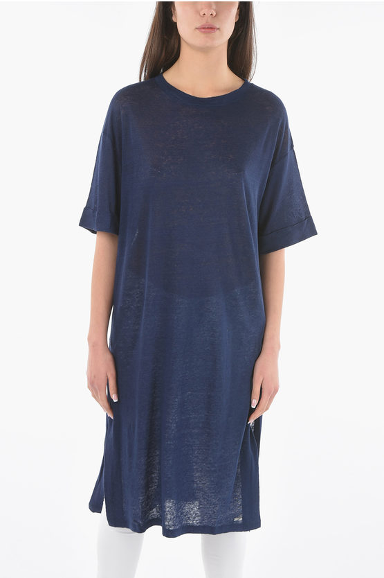 Woolrich Double Side Split-hem Linen Oversized Slub Tee Dress In Blue