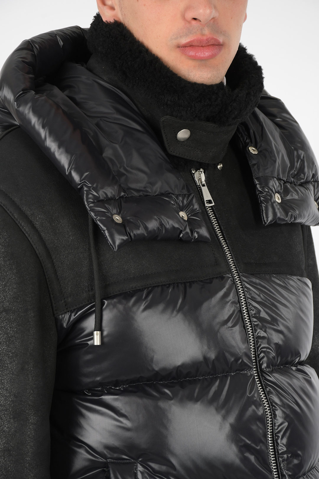 Puffer jacket with leather sleeves best sale