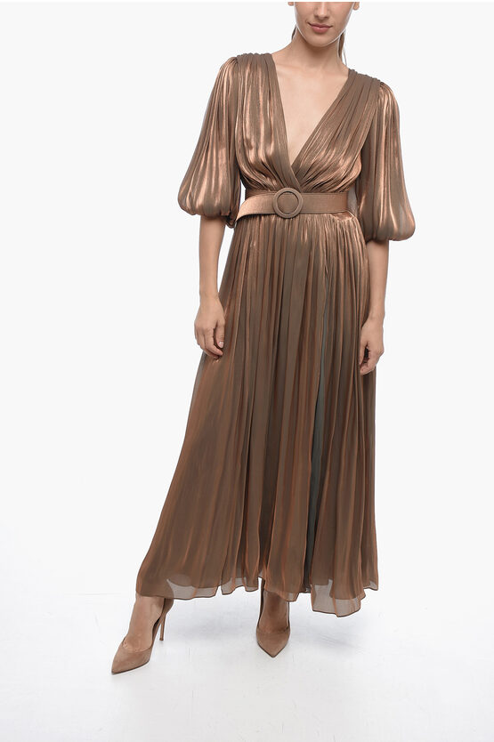 Shop Costarellos Draped Lurex Maxidress With Balloon Sleeves And Belt