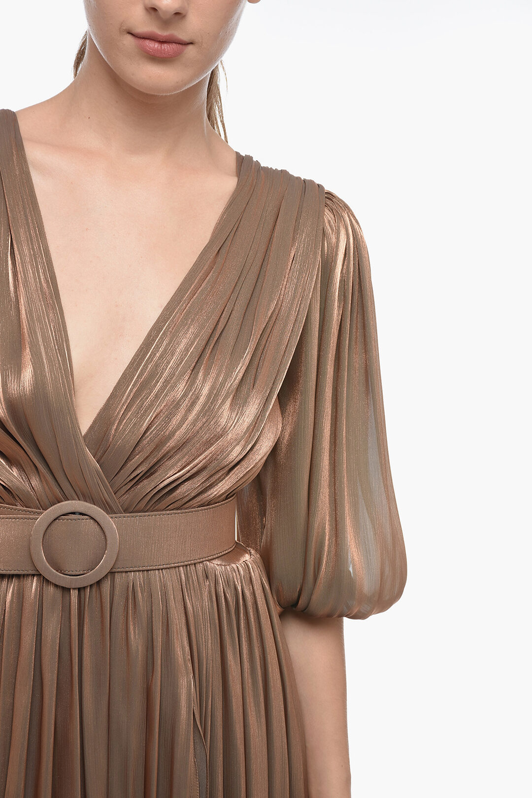 Costarellos Draped Lurex Maxidress with Balloon Sleeves and