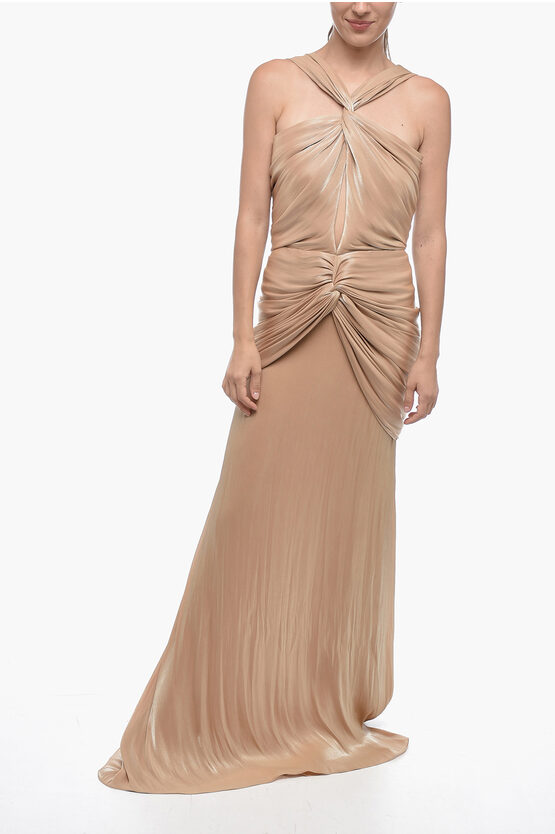 Shop Costarellos Draped Lurex Maxidress With Halter Neck